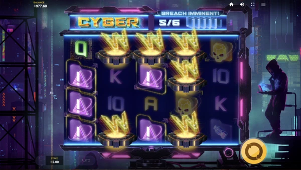 Cyber Attack base game screenshot showing reels and features