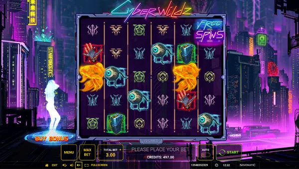 Cyber Wildz base game screenshot showing reels and features