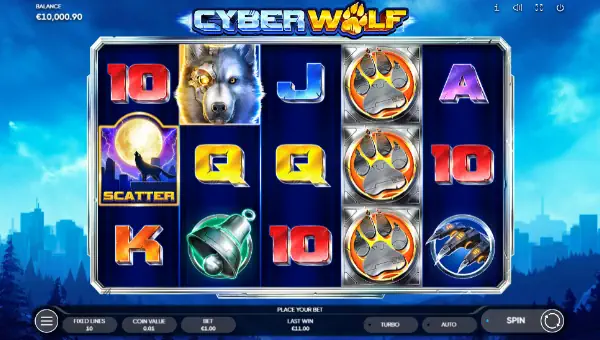 Cyber Wolf base game screenshot showing reels and features