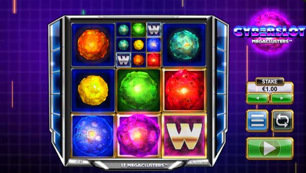 Cyberslot Megaclusters base game screenshot showing reels and features