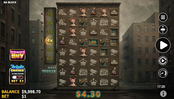 Da Block base game screenshot showing reels and features
