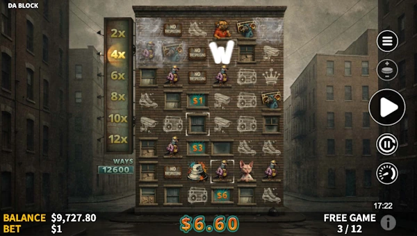 Screenshot of Da Block slot demo showing reels and bonus game features