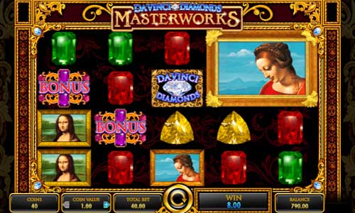 Da Vinci Diamonds Masterworks base game screenshot showing reels and features