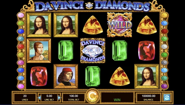 Da Vinci Diamonds base game screenshot showing reels and features