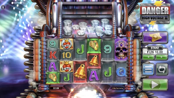 Danger High Voltage 2 base game screenshot showing reels and features