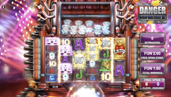 Screenshot of Danger High Voltage 2 slot demo showing reels and bonus game features