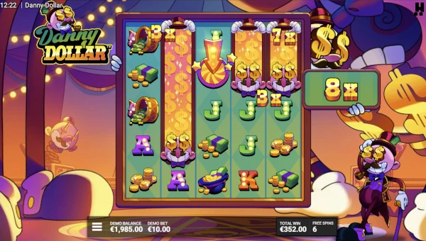 Screenshot of Danny Dollar slot demo showing reels and bonus game features