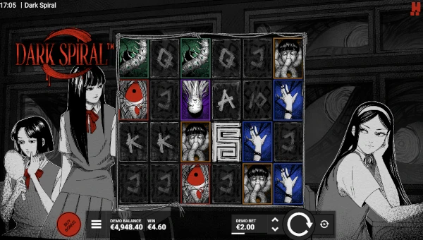 Dark Spiral base game screenshot showing reels and features
