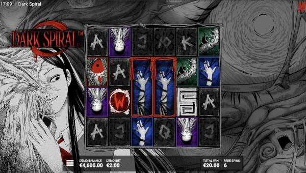 Screenshot of Dark Spiral slot demo showing reels and bonus game features