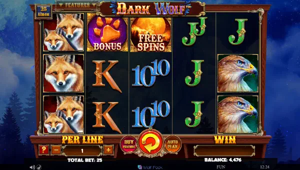 Dark Wolf base game screenshot showing reels and features