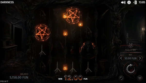Darkness base game screenshot showing reels and features