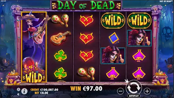 Day of Dead base game screenshot showing reels and features