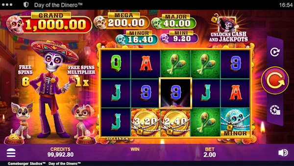 Day of the Dinero base game screenshot showing reels and features