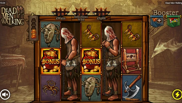 Dead Men Walking base game screenshot showing reels and features