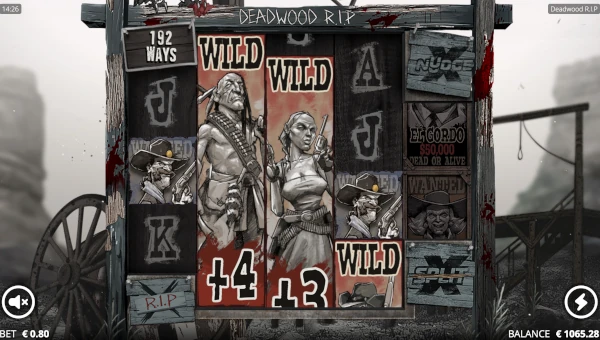 Deadwood RIP base game screenshot showing reels and features