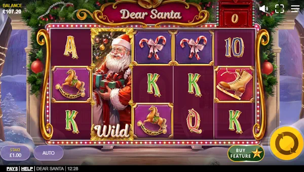 Dear Santa base game screenshot showing reels and features