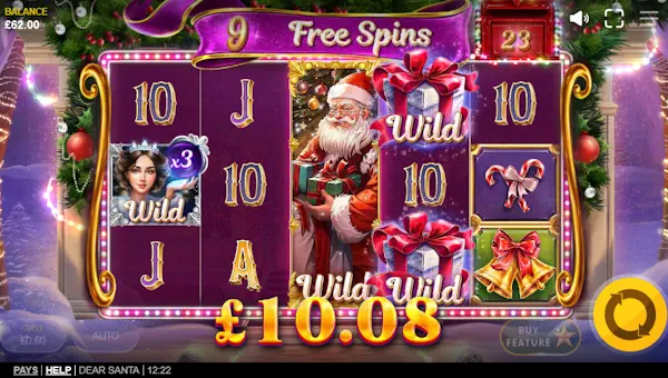 Screenshot of Dear Santa slot demo showing reels and bonus game features