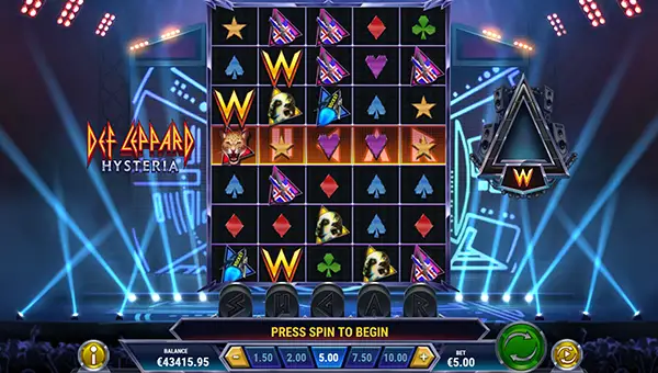 Def Leppard Hysteria base game screenshot showing reels and features