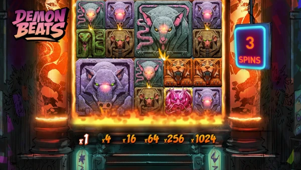 Screenshot of Demon Beats slot demo showing reels and bonus game features