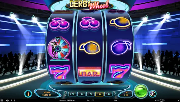 Derby Wheel base game screenshot showing reels and features