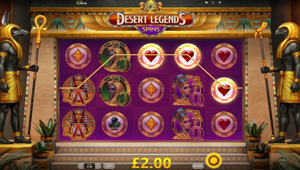 Desert Legends Spins base game screenshot showing reels and features