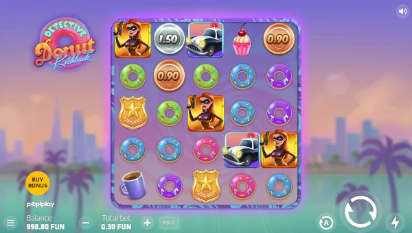 Detective Donut Kickback base game screenshot showing reels and features