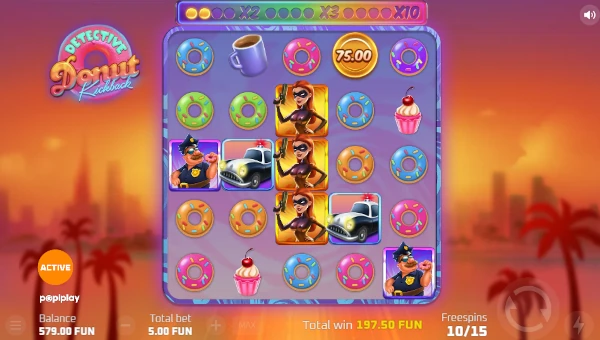 Screenshot of Detective Donut Kickback slot demo showing reels and bonus game features