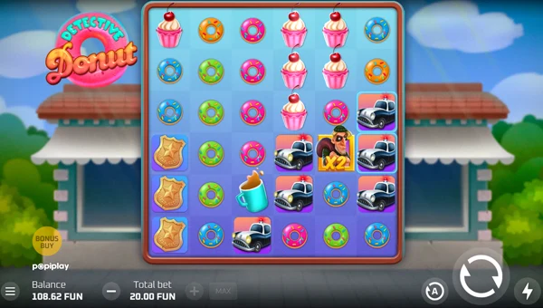 Detective Donut base game screenshot showing reels and features