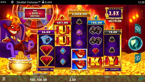 Devilish Fortunes base game screenshot showing reels and features