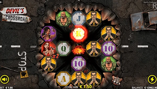 Devils Crossroad base game screenshot showing reels and features