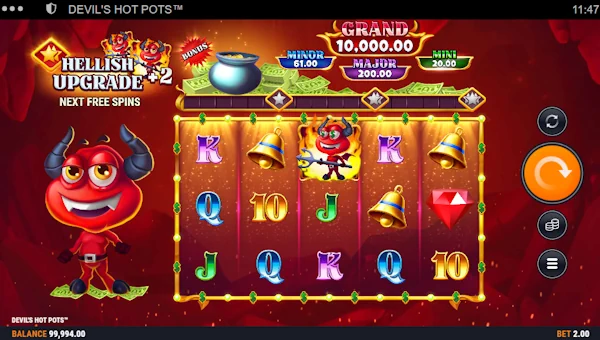 Devils Hot Pots base game screenshot showing reels and features