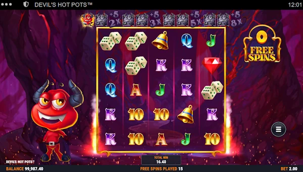 Screenshot of Devils Hot Pots slot demo showing reels and bonus game features