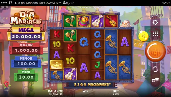 Dia Del Mariachi Megaways base game screenshot showing reels and features