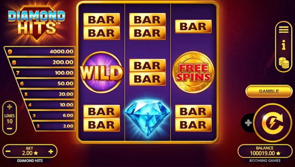 Diamond Hits base game screenshot showing reels and features
