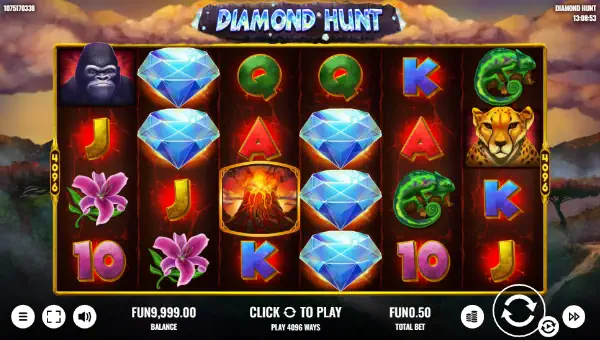 Diamond Hunt base game screenshot showing reels and features