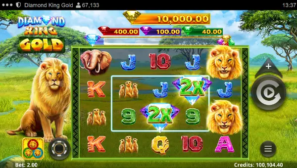 Diamond King Gold base game screenshot showing reels and features