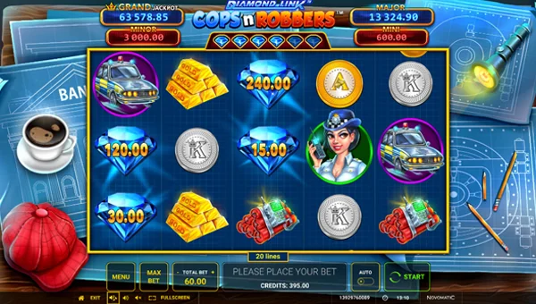 Diamond Link Cops n Robbers base game screenshot showing reels and features