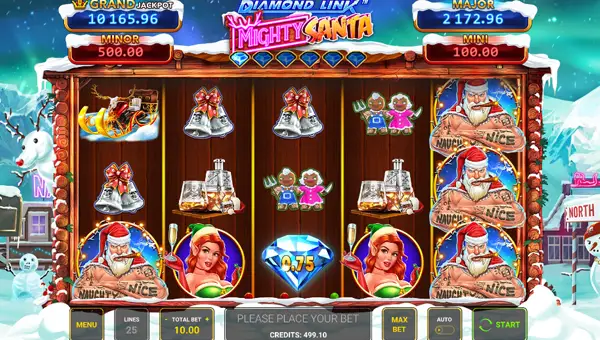 Diamond Link Mighty Santa base game screenshot showing reels and features