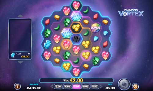 Diamond Vortex base game screenshot showing reels and features
