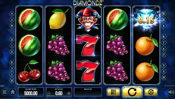 Diamondz base game screenshot showing reels and features