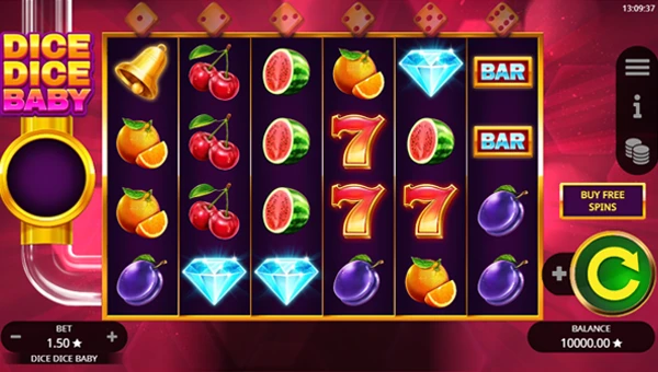 Dice Dice Baby base game screenshot showing reels and features