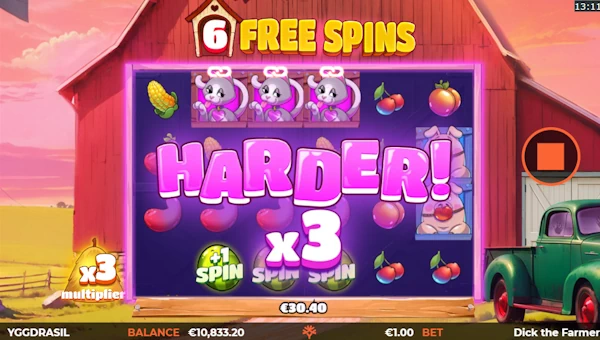 Screenshot of Dick the Farmer slot demo showing reels and bonus game features