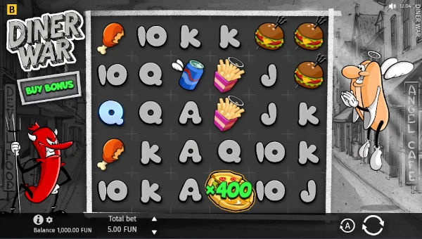 Diner War base game screenshot showing reels and features
