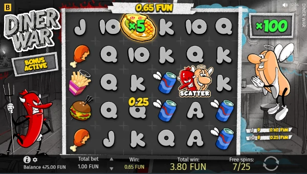 Screenshot of Diner War slot demo showing reels and bonus game features