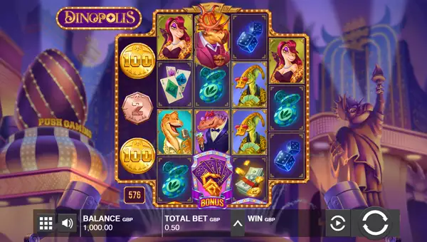 Dinopolis base game screenshot showing reels and features