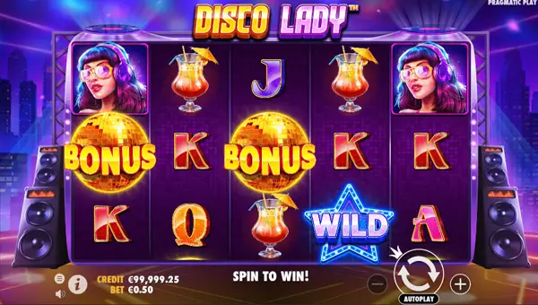 Disco Lady base game screenshot showing reels and features