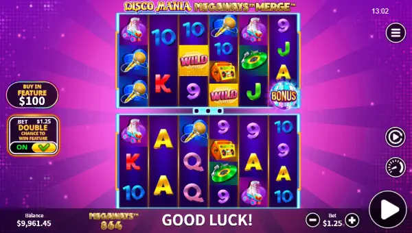 Disco Mania Megaways Merge base game screenshot showing reels and features