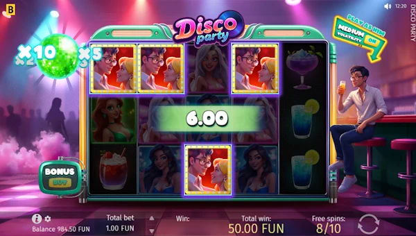 Screenshot of Disco Party slot demo showing reels and bonus game features