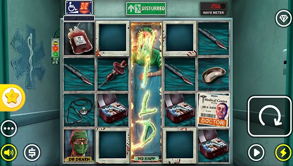 Disturbed base game screenshot showing reels and features