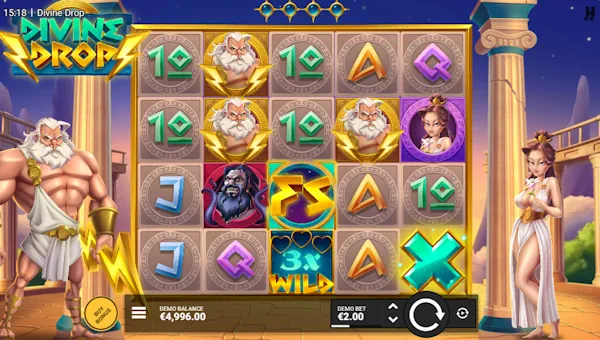 Divine Drop base game screenshot showing reels and features